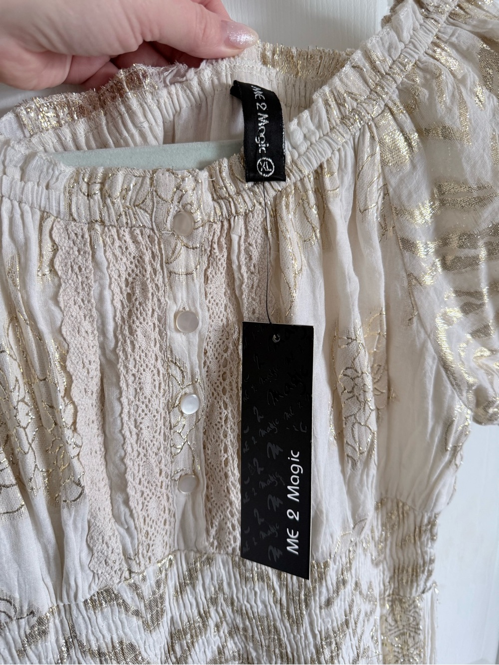 NWT Stunning Shimmery Cream and Gold Lace Metallic Embroidered Boho Midi Dress - Picture 7 of 15